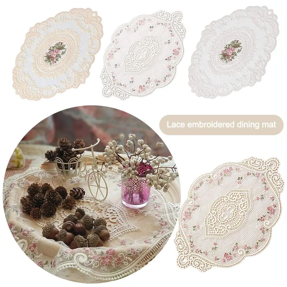 European Style Oval Retro Vintage Lace Embroidered Coaster Dish Tableware Mat Kitchen Cup Placemat Dinner Table Decor Mat Cloth - Image 2