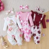 3Pcs Baby Girl Set Flying Sleeve Pit Strip jumpsuit+Printed Strap Pants+Headband Set 0-24 Months Baby Girl Spring Autumn Set