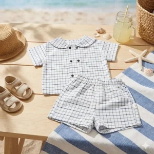 SeasonSea Baby Set for 0-2Y Babies Comfortable Kids Breathable Loungewear Spring Summer Pure Cotton Suit Plaid Toddler Set