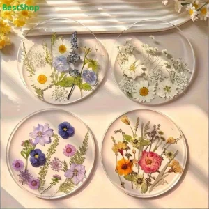 ♥Pressed Flower Resin Coasters Set-4pcs Natural Dried Flower Drink Mats,Transparent Decor Coasters for Home & Coffee Table