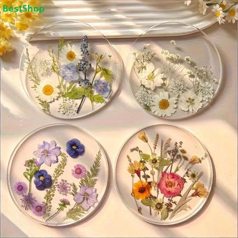 ♥Pressed Flower Resin Coasters Set-4pcs Natural Dried Flower Drink Mats,Transparent Decor Coasters for Home & Coffee Table