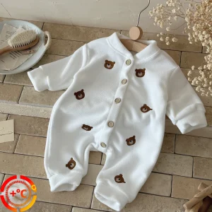 Baby Boys Winter Long Sleeve Bear Embroidery Plush Button Fashion Jumpsuit For Newborn Warm Clothes