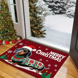 VIKAMA Christmas Sausage Dog Rug Living Room, Bedroom, Entrance Door Mat Non-Slip, Stain-Resistant Floor Mat Home Decor