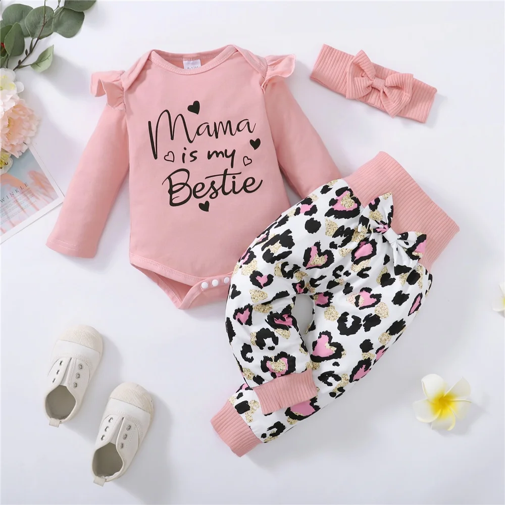 3PCS Newborn Baby Girl Daily Clothes Set Mama Print Long Sleeve Romper Top+Love Heart Print Pant+Headband Lovely Autumn Outfit - Image 2