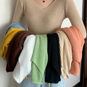 2025 Basic V-neck Solid Autumn Winter Pullover Women Female Knitted Ribbed Sweater Slim Long Sleeve Badycon High Quality Sweater