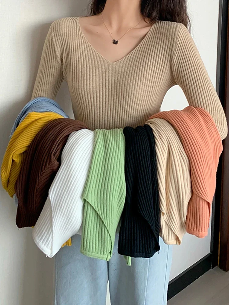 2025 Basic V-neck Solid Autumn Winter Pullover Women Female Knitted Ribbed Sweater Slim Long Sleeve Badycon High Quality Sweater