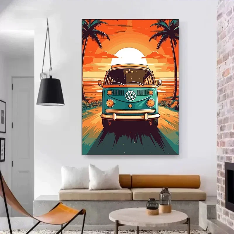 Retro Vintage Nature Bus on The Beach Posters Prints Travel Surf Board Sea Sunset Surfboard Canvas Painting Wall Art Home Decor - Image 3