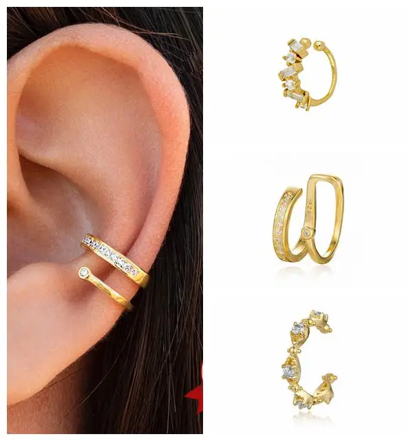24k Gold-Plated Silver Irregular Geometry Ear Clip Earrings for Women Simple Crystal ear cuff Without Piercing Earrings Jewelry