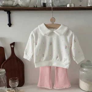 2Pcs/set Baby Clothes Set Girl Long Sleeved Top + Pants Spring Autumn Pink Floral Embroidered Newborn Baby Clothing Newborn Item