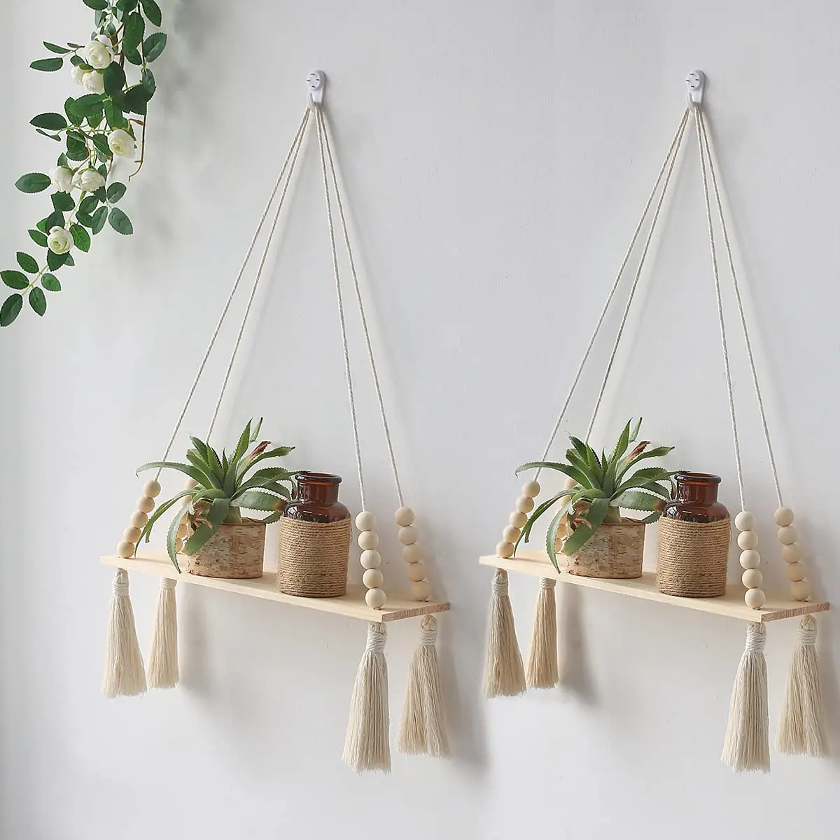 Macrame Wall Hanging Shelf Floating Wall Shelf Boho Home Decor Shelves Wall Wood Decoration for Bedroom Living Room Nursery Gift - Image 2