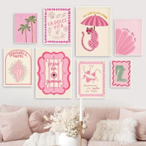 Pink Preppy Coastal Wall Art Trendy Beach Poster Aesthetic Fashion Teen Girl Room Decor Canvas Painting Pink Panther Pictures