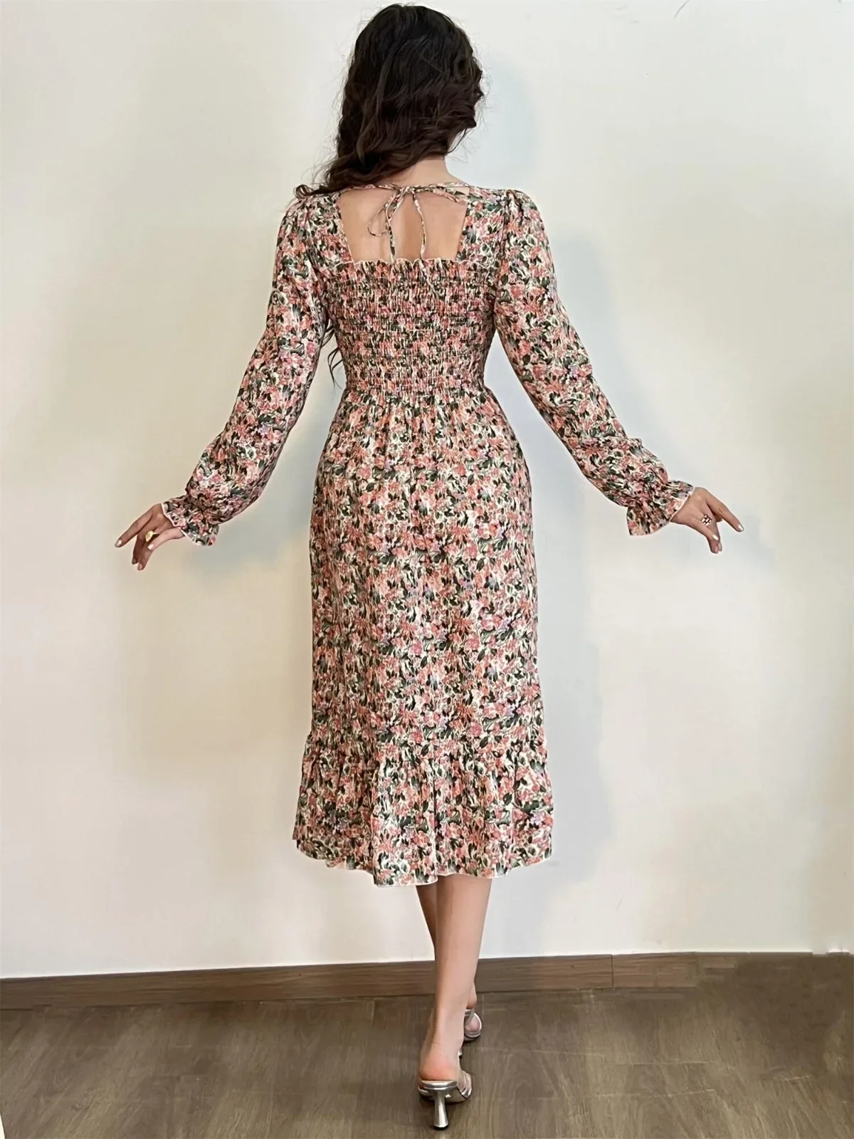 Long Sleeve Casual Dress Women Chiffon Dresses Autumn Spring A-line Printed Floral Elastic Chest Lace Up Midi Dresses Vestidos - Image 6