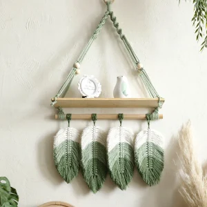 Macrame Wall Hanging Shelf with Leaf Tassels Floating Wall Shelf Boho Rustic Home Decor fo Living Room, Bedroom, Nursery Gift