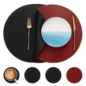 1/4/10Set Round Placemats and Coasters Set Insulation Mat Oil-Proof Waterproof two-sided PU Leather Place Mat for Christmas Gift