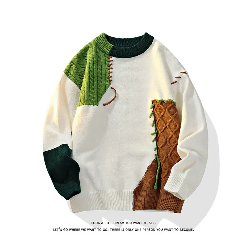 2025 Fall Winter Warm Men Sweaters Korean Style Patchwork Pullovers Round Neck Knitted Sweater Men Women Fashion Knitwear - Image 4