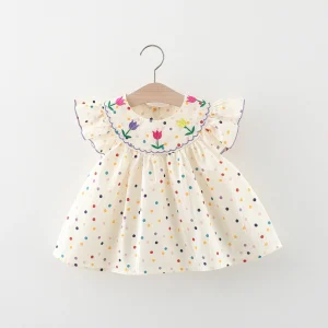 Cotton Baby Dress Flower Embroidery Comfortable Baby Dress Colorful Polka Dot Printed Dress