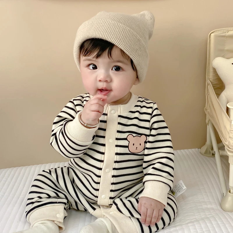 Autumn Winter Baby Romper Thick Cotton Newborn Long Sleeved Jumpsuit Pants 0-13M Kids Clothes Cute Toddler Stripe Bear Bodysuit - Image 2