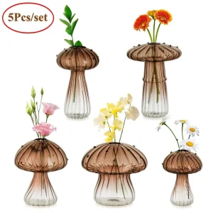 5Pcs/set Glass Mushroom Cute Small Flower Vase Mushroom Propagation Hydroponic Vases for Flowers Funky Plant Vase Decor