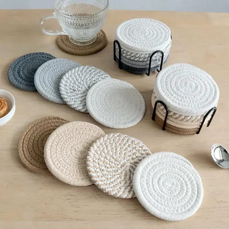 8 Pieces Cotton Rope Woven Placemats With Stand Insulation Pads For Drinks Woven Coaster Set Home Decoration