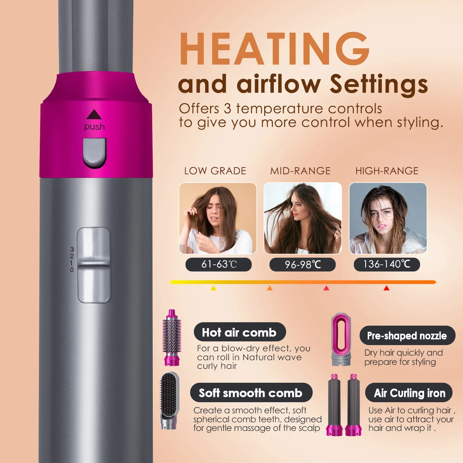 Hair Dryer 5-In-1 Electric Hair Comb Negative Ion Straight Curler Brush Blow Dryer Air Comb Removable Brush Kit Tool - Image 2