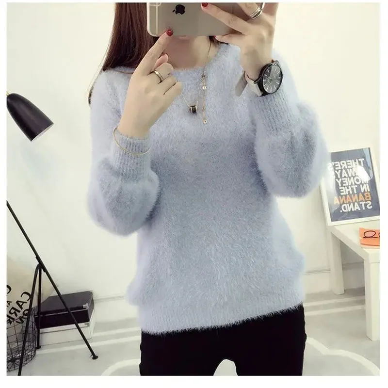2024 Autumn Winter Spinning Mink Fleece Knitted Sweater Women's Thick Coat Loose Fashionable Inner Bottom Shirt Warmth Pullovers