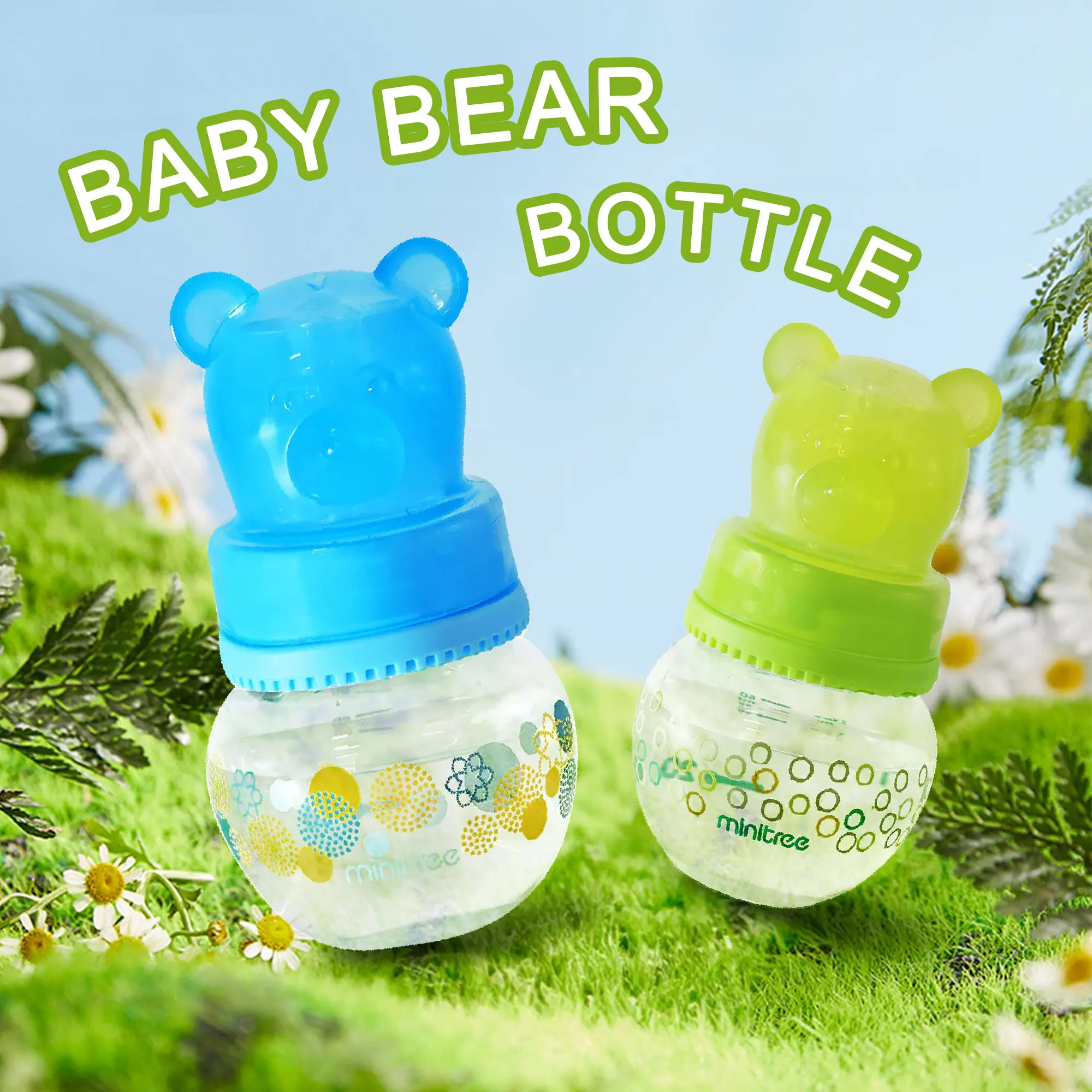 60ml cute baby bottle, bear design, blue/pink/green, leak-proof, drop-proof, 0-6 months baby dedicated