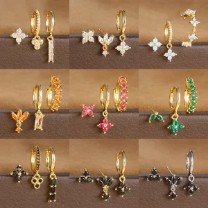 3PCS Stainless Steel Multicolor Crystal Hoop Earrings Set For Women Zircon 18K Gold Plated Huggie Pendant Piercing Jewelry