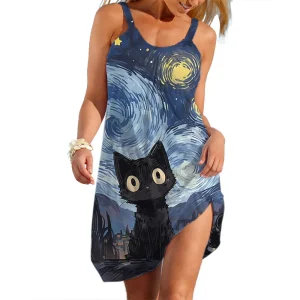 New Women's Animal Slip Dress Summer Woman Personality Cats Skirt Ladies' Beach Dresses Casual Sleevesless Clothing Party Wear