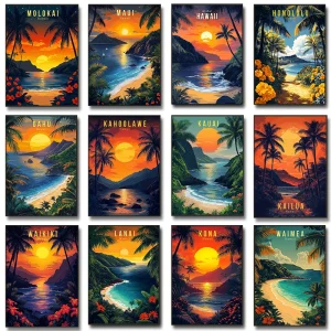Hawaii Travel Posters Oahu Waikiki Sunset Vintage Tropical Prints Beach Ocean Canvas Painting Wall Art Pictures Home Room Decor