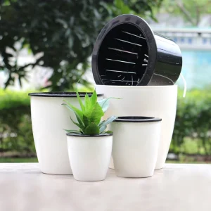 Self Watering Plastic Planter with Inner Pots White Modern Plastic Flower Planter Pots Indoor Plant Pots for Succulents Orchid