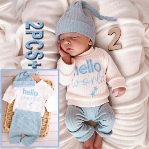 "Hello" Embroidery Newborn Photography Props Infant Romper Jumpsuit with Bow Hat Baby Coming Home Outfit Baby Photo Gift