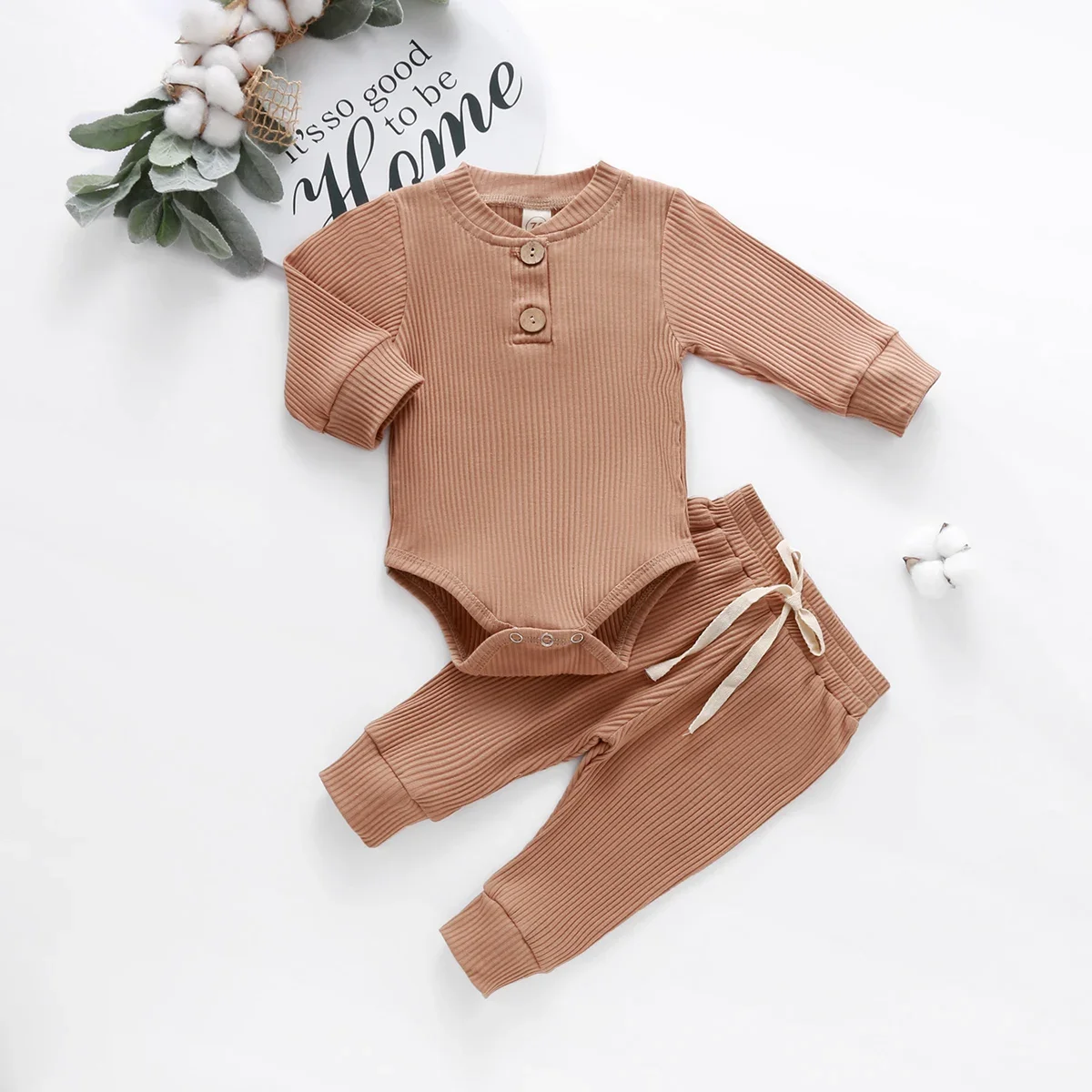Infant Baby Knit Outfits Suits Buttons O-neck Ribbed solid clothes Long Sleeve Bodysuits Romper Top + Elastic Long Pant - Image 3