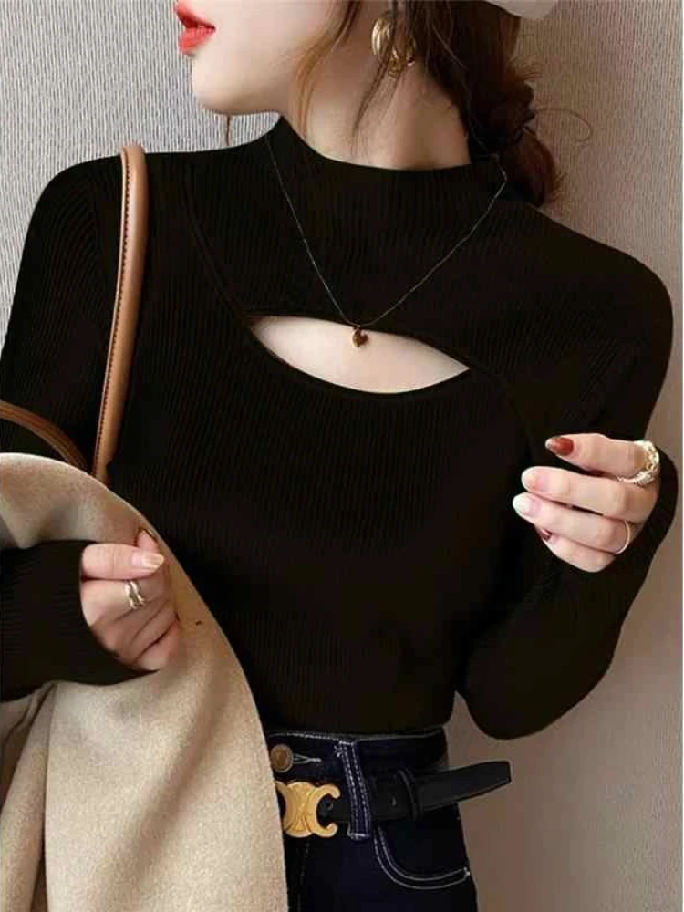AOSSVIAO Hollow-out Knitted Women Sweater Ribbed Turtleneck Pullovers Autumn Winter Basic Women Sweaters Slim Fit Soft Warm Tops - Image 4