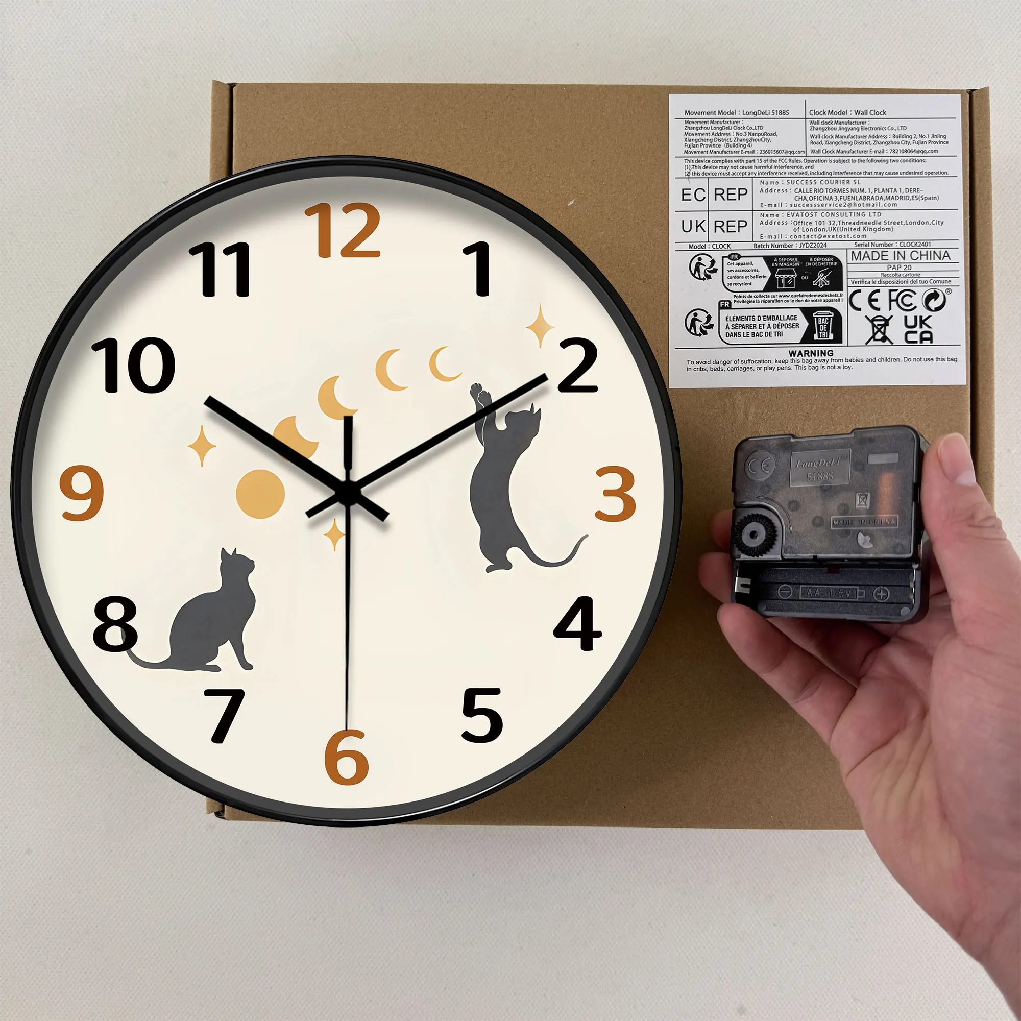 Round Cozy Healing Cat & Moon Phase Theme Quartz Wall Clock, Cute Relaxing Decorative Clock , 8-16 Inches - Image 4