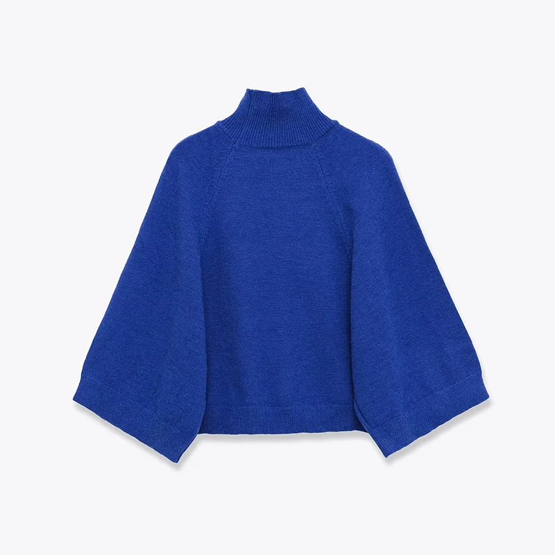 Blue Wide Sleeve Knit Pullover Women Spring 2025 Short High Neck Sweater - Image 2