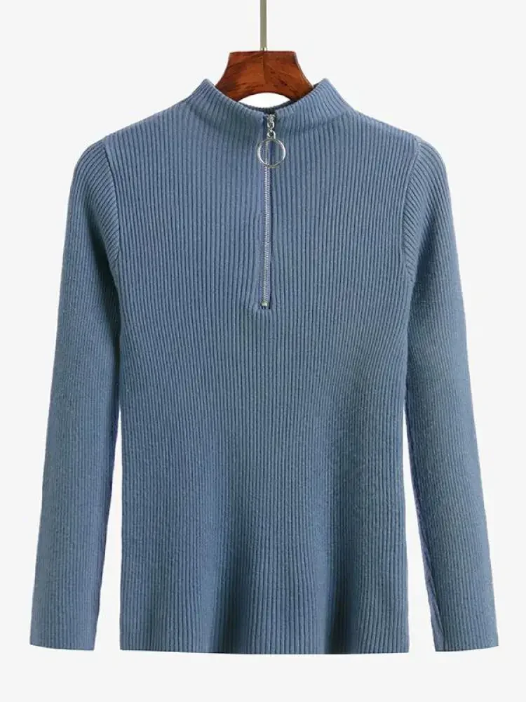 Fashion Solid Knitted Sweaters Female Vintage Long Sleeve Zip-up Basic Half Chic Turtleneck Sweater Women Pullovers Casual Tops - Image 3