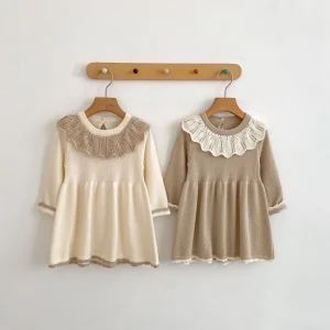 New autumn baby clothing for 0-3 years old, knitted long sleeved dress for baby girls, lace princess dress