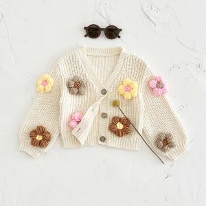 Baby Cardigan Sweater Autumn Winter Baby Tops Fashion Knit Coats Long Sleeve Flower Handmade Newborn Clothing Toddler Infant Gir