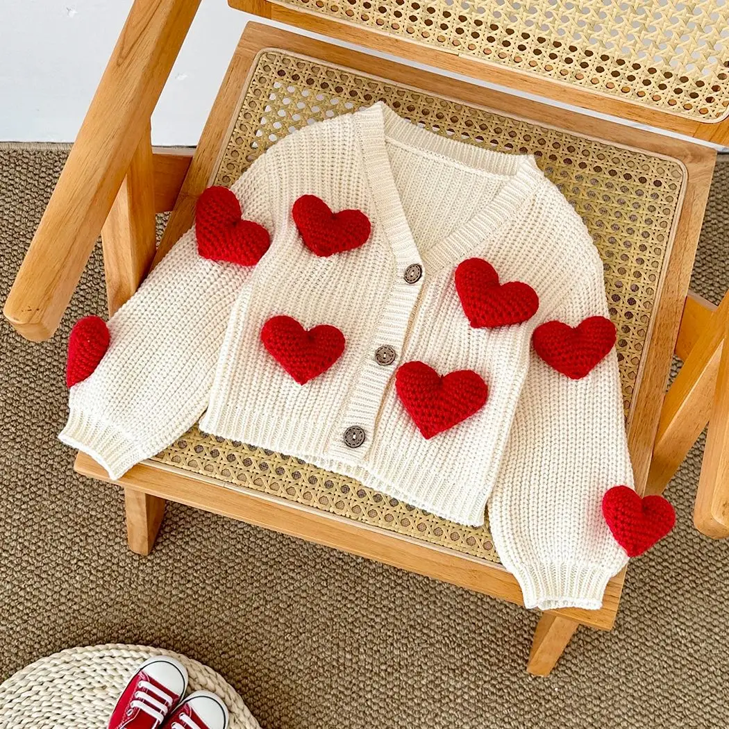 Korean Infant Girls Knit Cardigan Baby Sweaters Autumn Winter 2024 Stylish Sweet Newborn Clothes Woolen Heart Coat Baby Tops - Image 3