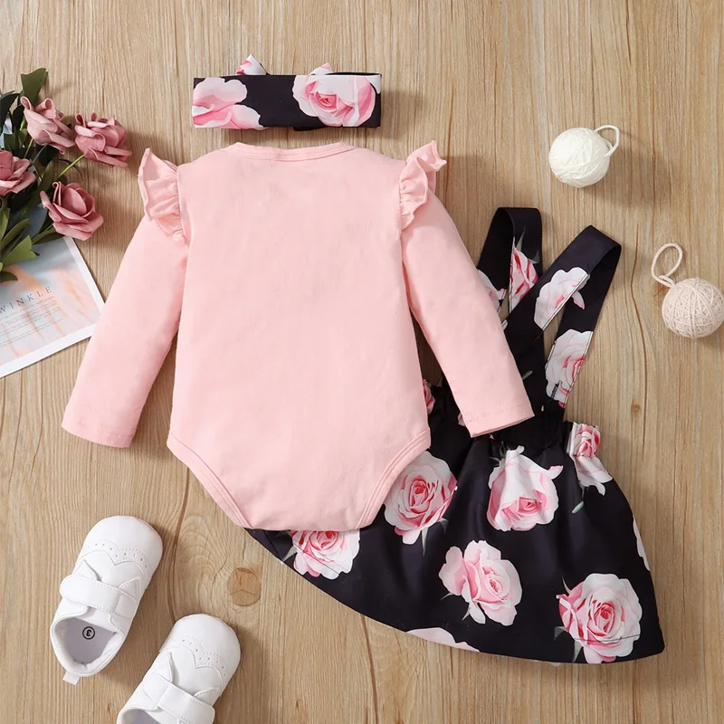 3PCS Baby Girl Dress Set Long Sleeves Bodysuit+Rose Floral Suspender Skirt+Headband Fashion Outfits for Toddlers 0-18 Months - Image 4
