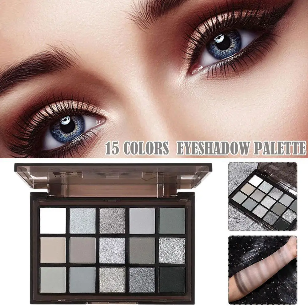 15Colors Black Grey Smokey Eyeshadow Palette, Matte Black White Gray Silver Smoky Eye Shadow, Black Eyeshadow Makeup Goth Look