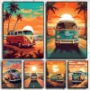Retro Vintage Nature Bus on The Beach Posters Prints Travel Surf Board Sea Sunset Surfboard Canvas Painting Wall Art Home Decor