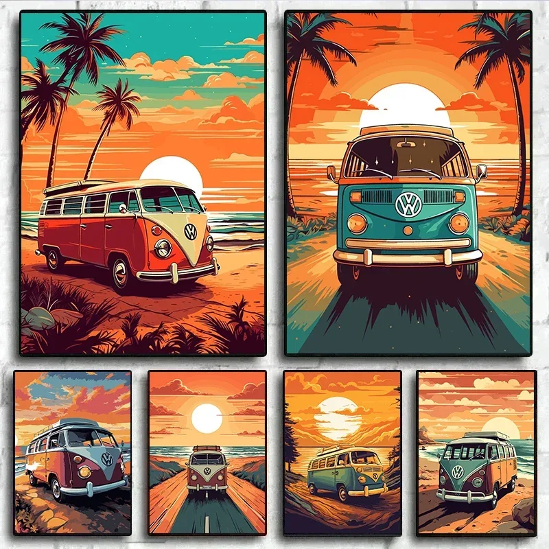 Retro Vintage Nature Bus on The Beach Posters Prints Travel Surf Board Sea Sunset Surfboard Canvas Painting Wall Art Home Decor