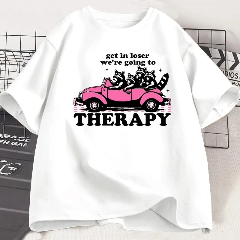 Get in Loser We're Going To Therapy T-shirt for Women Funny Raccoon Graphic T Shirts Shortsleeve Round Neck Clothing - Image 2