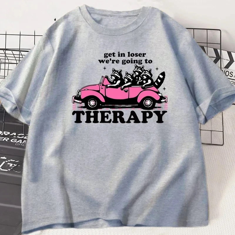 Get in Loser We're Going To Therapy T-shirt for Women Funny Raccoon Graphic T Shirts Shortsleeve Round Neck Clothing - Image 4