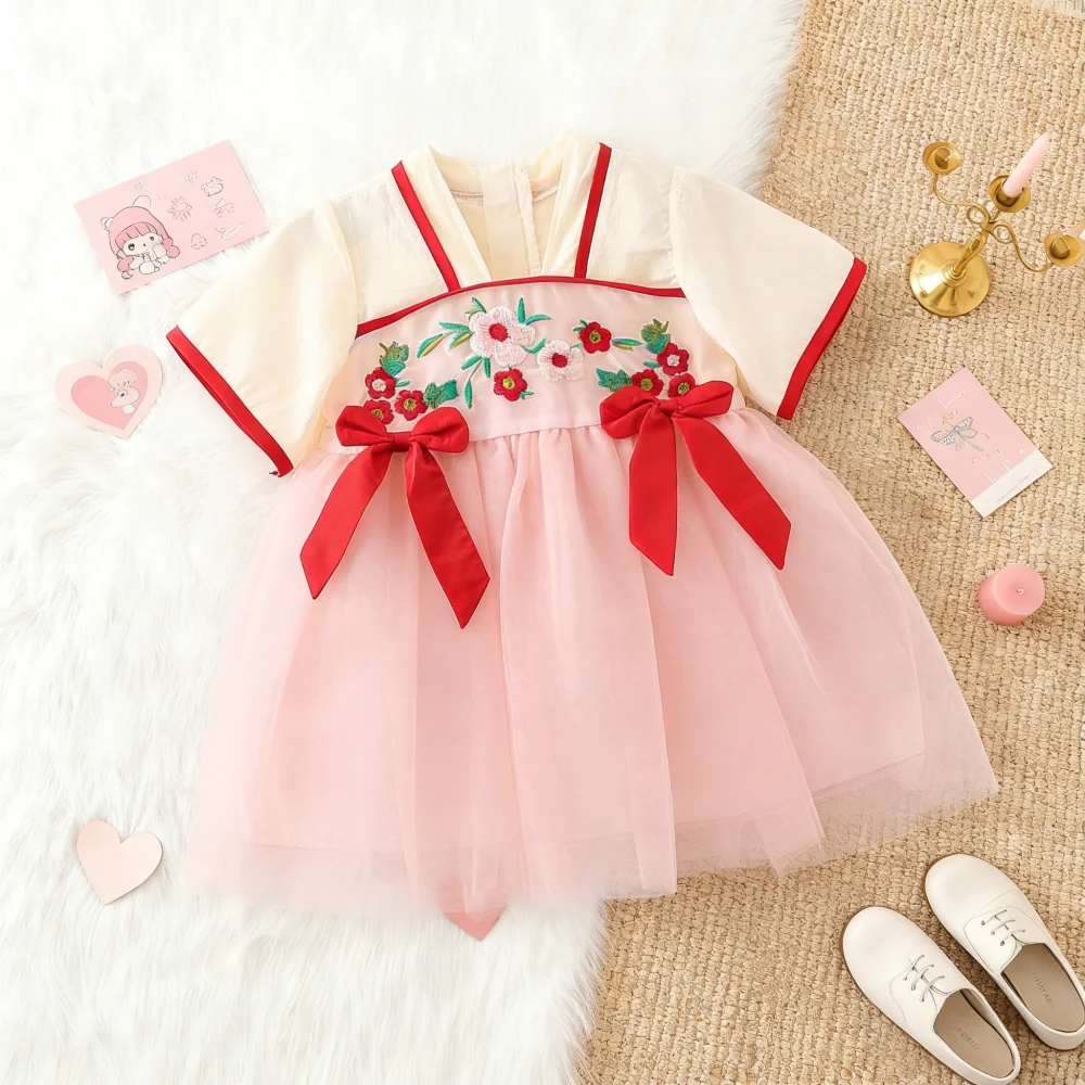 Baby Girl Dress Summer Floral Mesh Chinese-Style Girl Dress Cute New Year Spring Festival Baby Dress Baby Girl Clothes