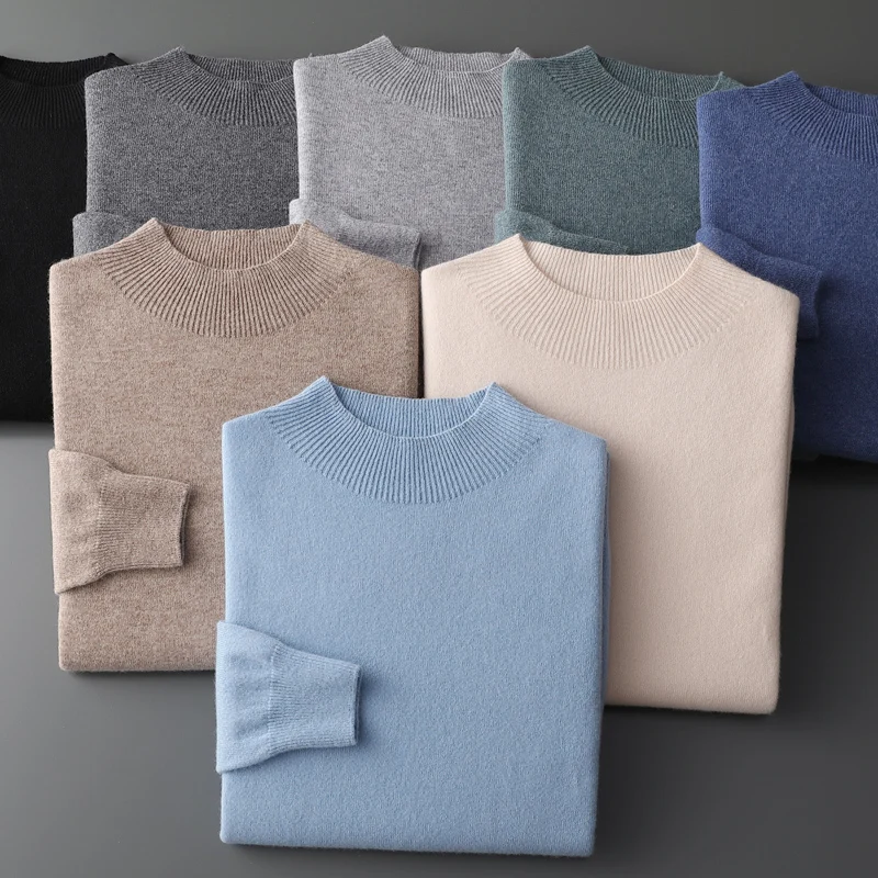 100% Pure Wool Cashmere Sweater Men's Half Turtleneck Pullover Casual Fashion Thickening Top Knitting Sweater - Image 3