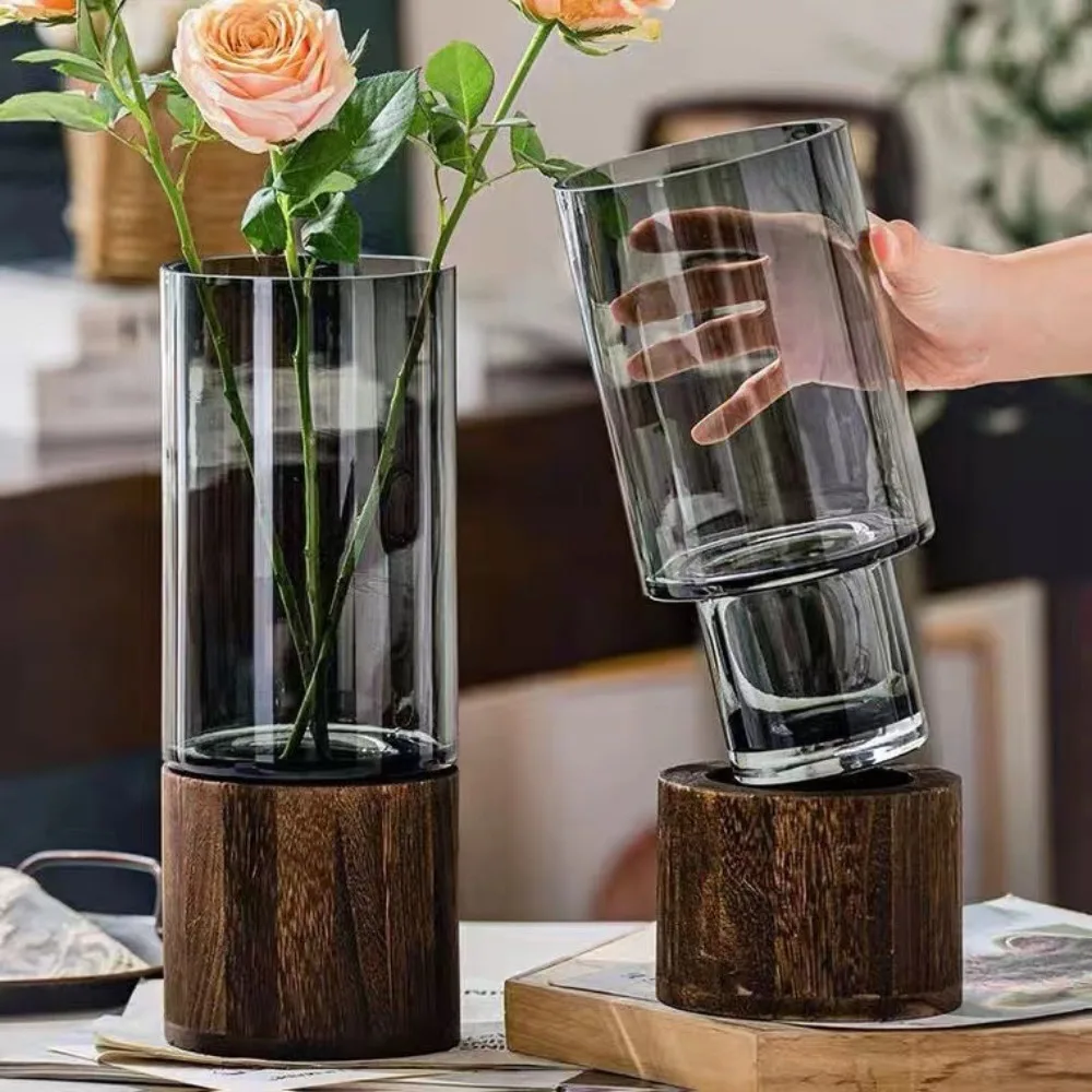 Simple Retro Light Luxury Wooden Base Glass Vase Water Nourishing Flowers Transparent Glass Vase Dining Table Decoration - Image 2