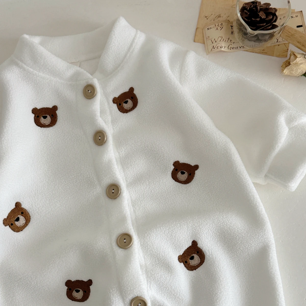 Baby Boys Winter Long Sleeve Bear Embroidery Plush Button Fashion Jumpsuit For Newborn Warm Clothes - Image 4
