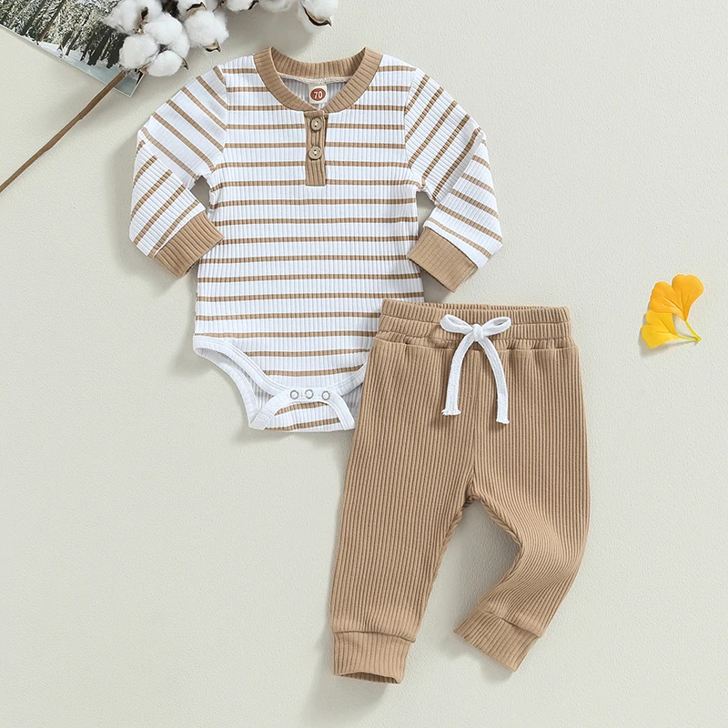 Newborn Baby Boys Girl Fall Winter Clothes Ribbed Knitted Long Sleeve Romper Solid Long Pants Cotton Infant Outfits - Image 2